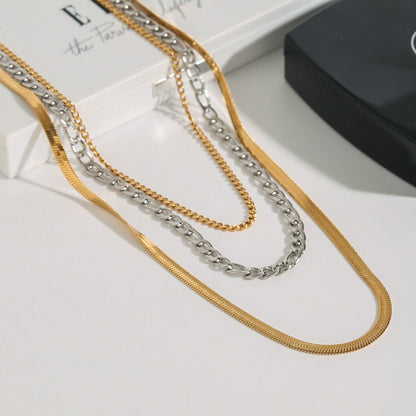 18K gold multi - layer chain with gold and silver color matching design simple personality necklace - mavazie