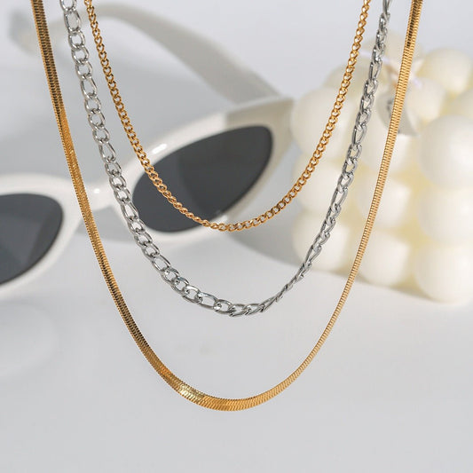 18K gold multi - layer chain with gold and silver color matching design simple personality necklace - mavazie