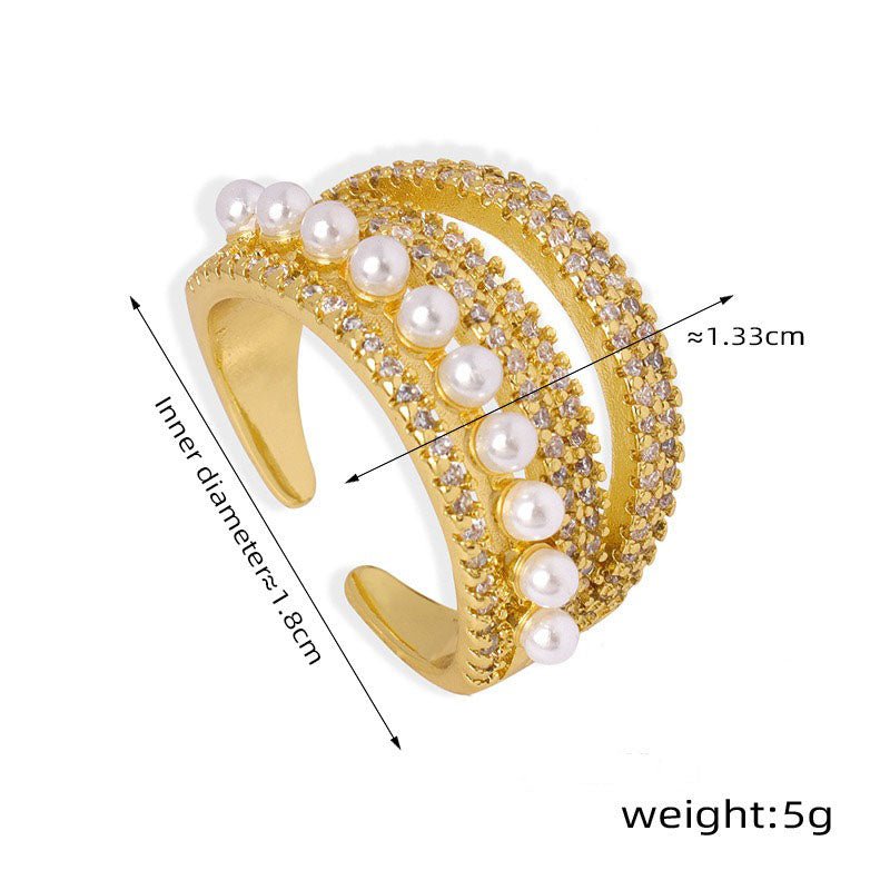 18K gold multi - layered zircon and pearl design open ring - mavazie