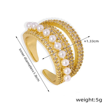 18K gold multi - layered zircon and pearl design open ring - mavazie