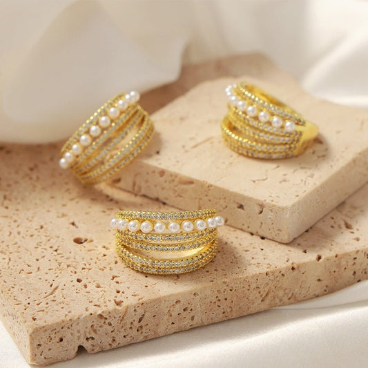 18K gold multi - layered zircon and pearl design open ring - mavazie