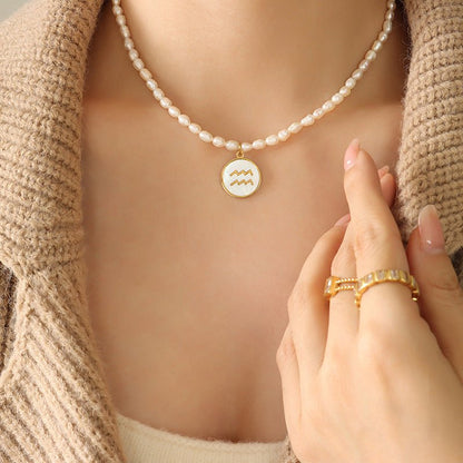 18K gold noble and fashionable pearl strand with round inlaid gemstone - mavazie