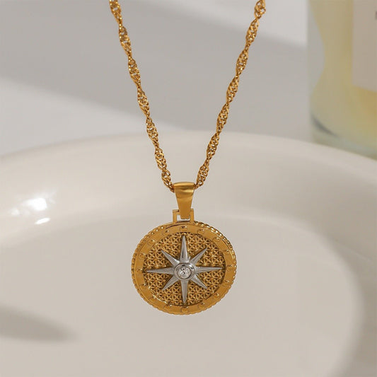 18K gold round necklace with eight - pointed star design, classic and fashionable - mavazie