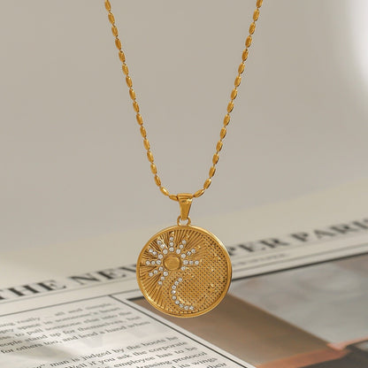 18K gold round necklace with sun and moon pattern and diamond design - mavazie