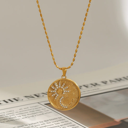 18K gold round necklace with sun and moon pattern and diamond design - mavazie