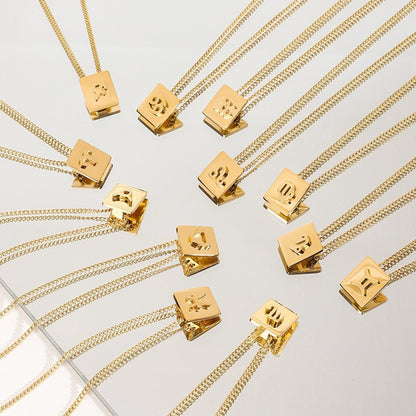 18K gold square necklace with twelve zodiac elements design - mavazie