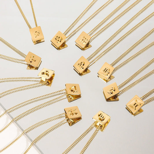 18K gold square necklace with twelve zodiac elements design - mavazie