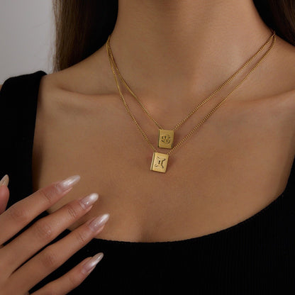 18K gold square necklace with twelve zodiac elements design - mavazie