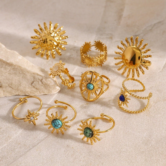18K Gold Sun - Shaped Gemstone - Inlaid Luxury Ring - mavazie