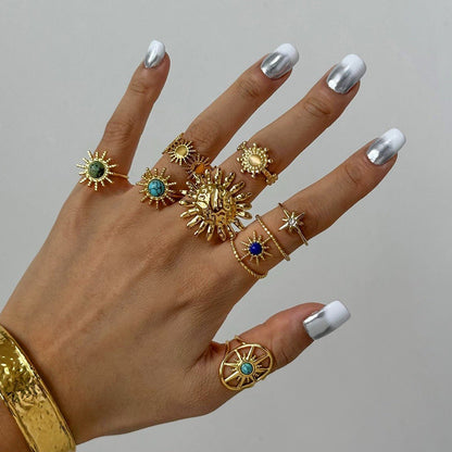 18K Gold Sun - Shaped Gemstone - Inlaid Luxury Ring - mavazie