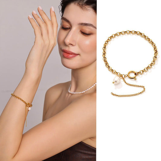 18K gold thick chain with pearl design high - end bracelet - mavazie