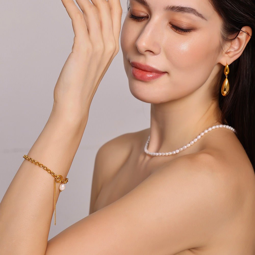 18K gold thick chain with pearl design high - end bracelet - mavazie