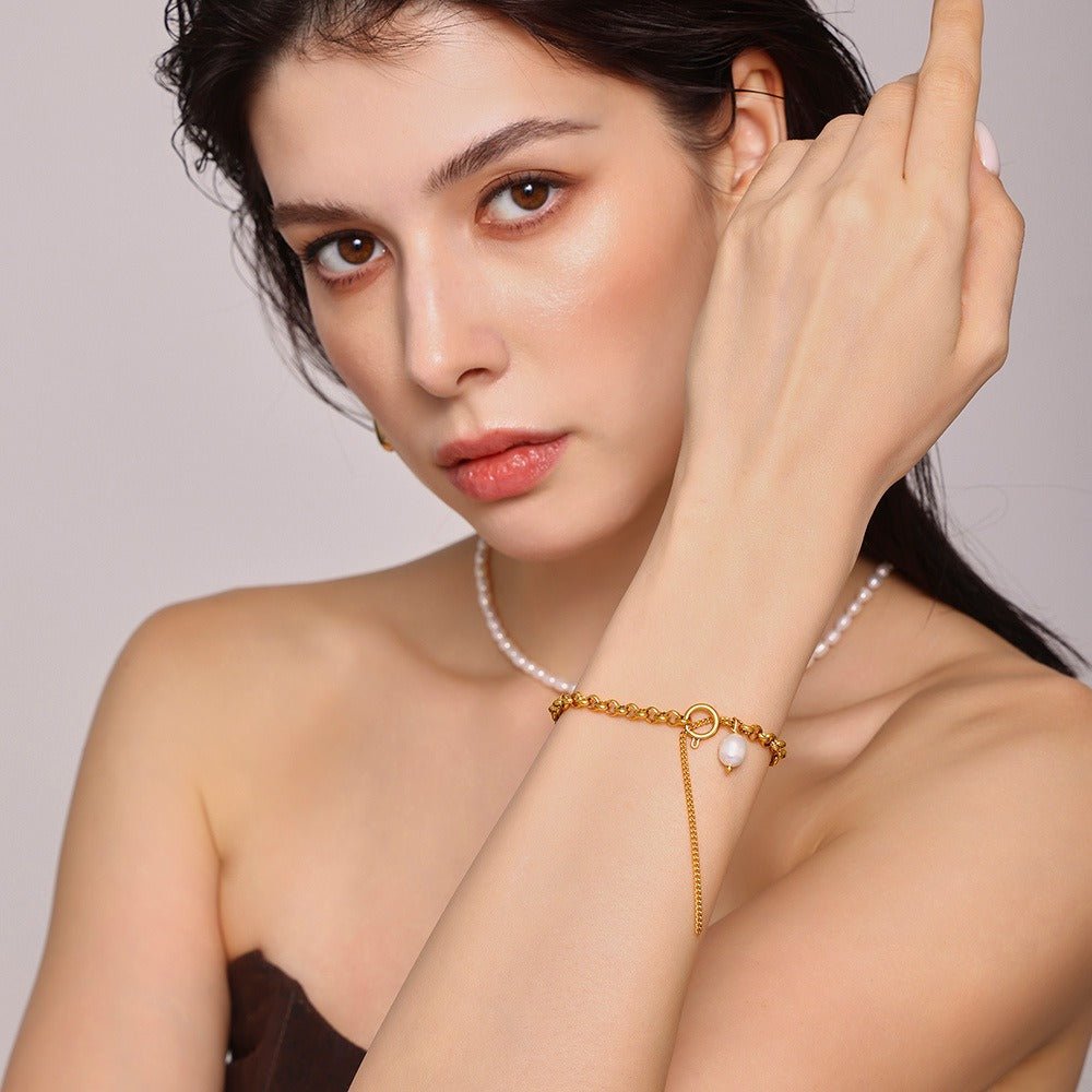 18K gold thick chain with pearl design high - end bracelet - mavazie