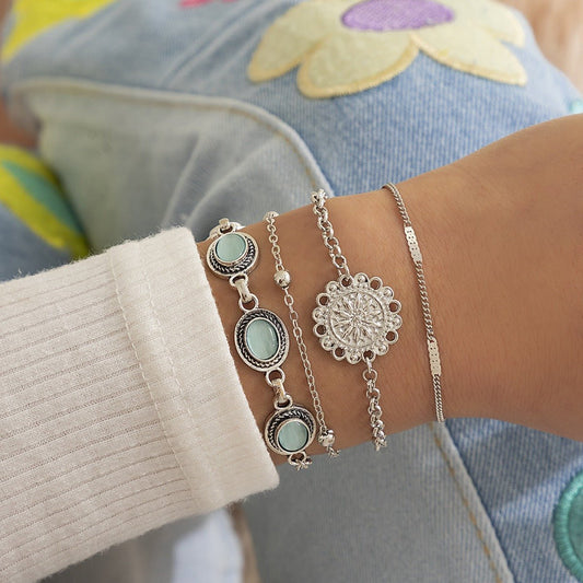 Ethnic style flower disc cat's eye gold retro bracelet - mavazie